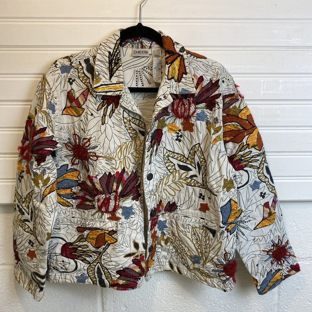 Chico's Womens Small 1 Garden Bloom Roadster Denim Jacket Floral Wearable Art
